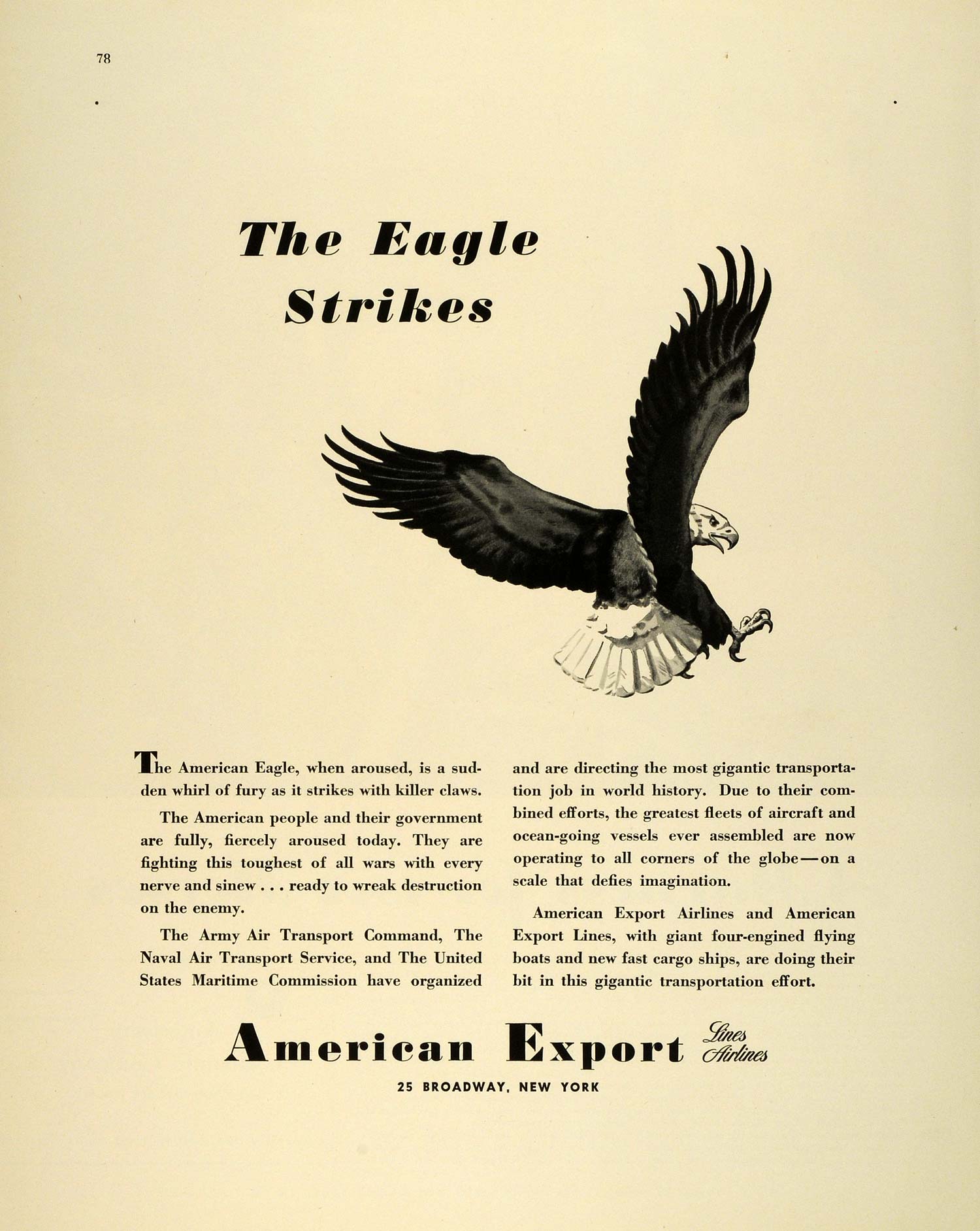 1942 Ad American Export Airlines Flying Boats Cargo Ships WWII Bald Eagle FZ6