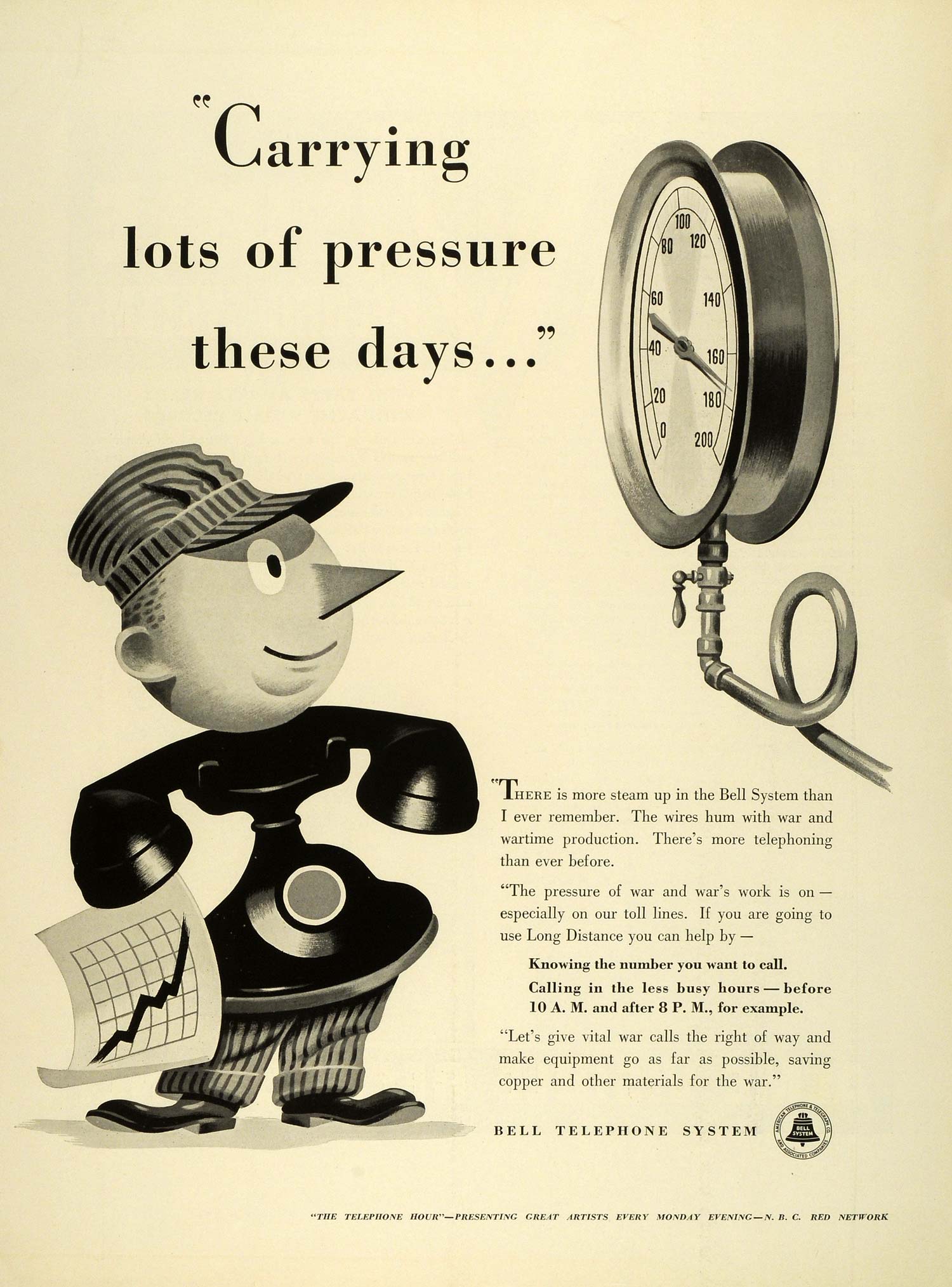 1942 Ad Civilian WWII War Efforts Bell Telephone Calling Pressure Gauge FZ6