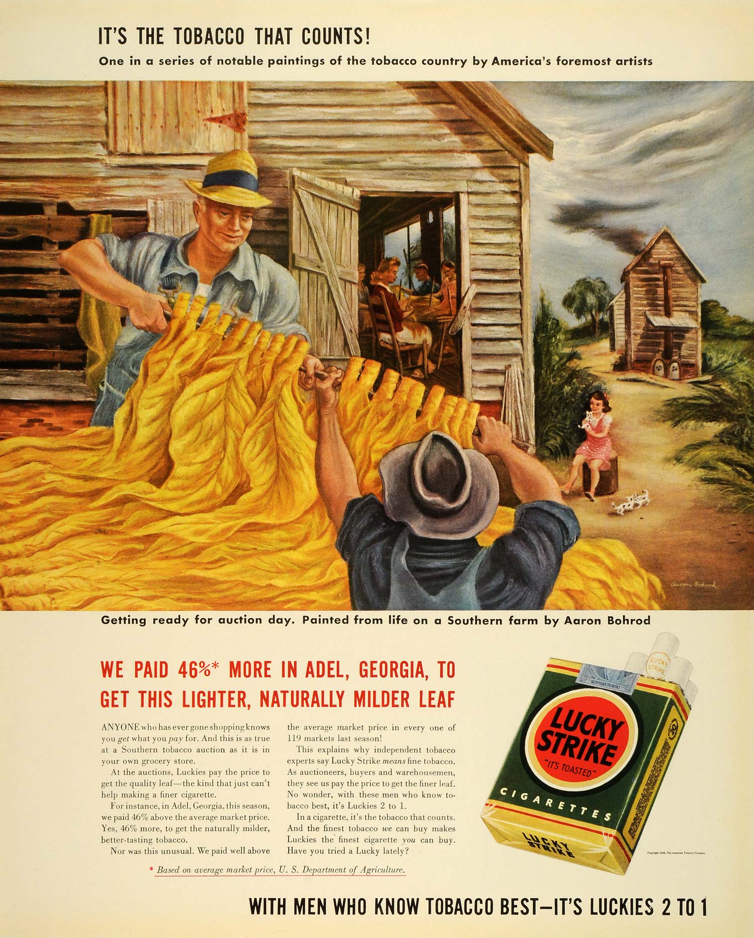 1942 Ad American Tobacco Harvest Lucky Strike Cigarettes Adel Georgia Farm FZ6