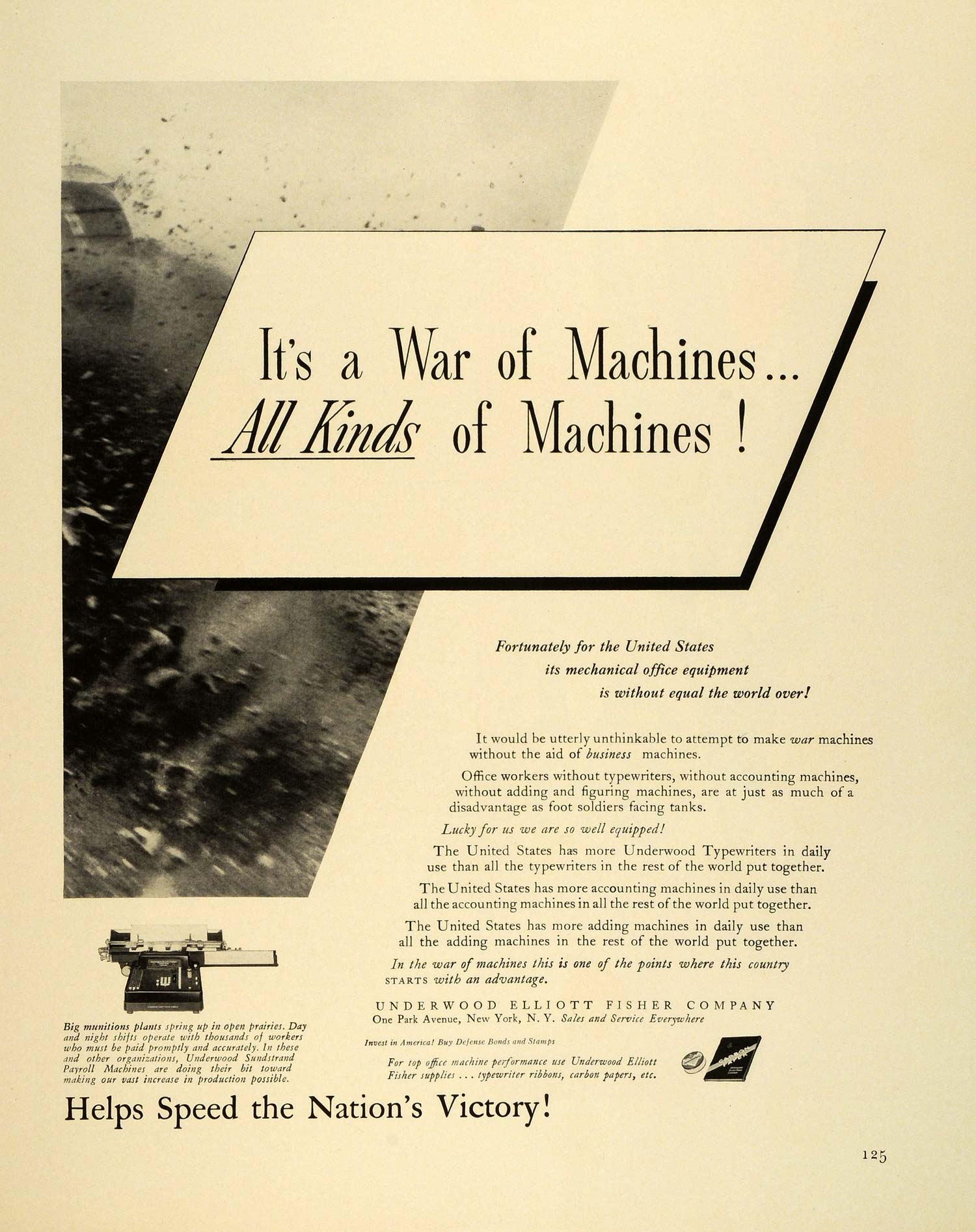 1942 Ad Underwood Elliott Fisher Business Equipment Machines WWII War FZ6