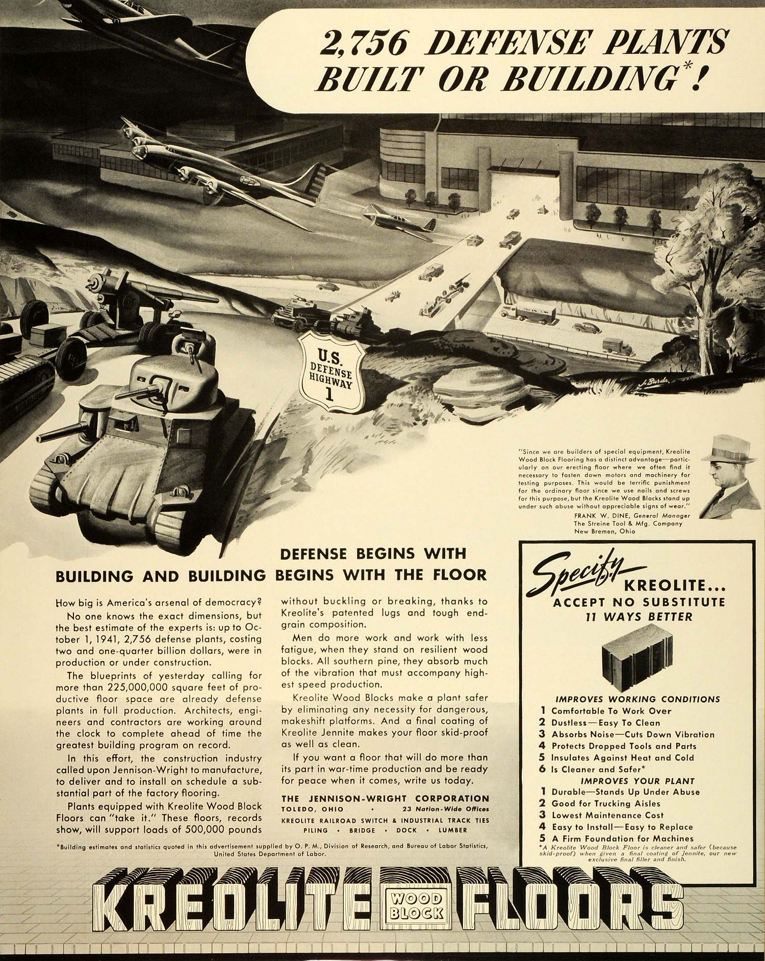 1942 Ad Kreolite Jennite Wood Block Floor Streine Tool WWII War Production FZ6