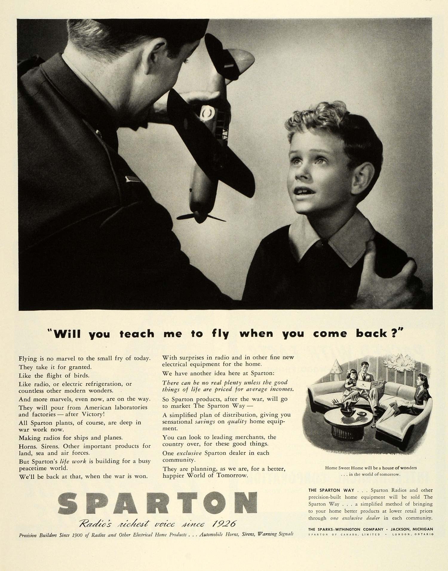 1943 Ad Sparks-Withington Co Jackson Pilot & Son Radio Aircraft Airplane FZ6