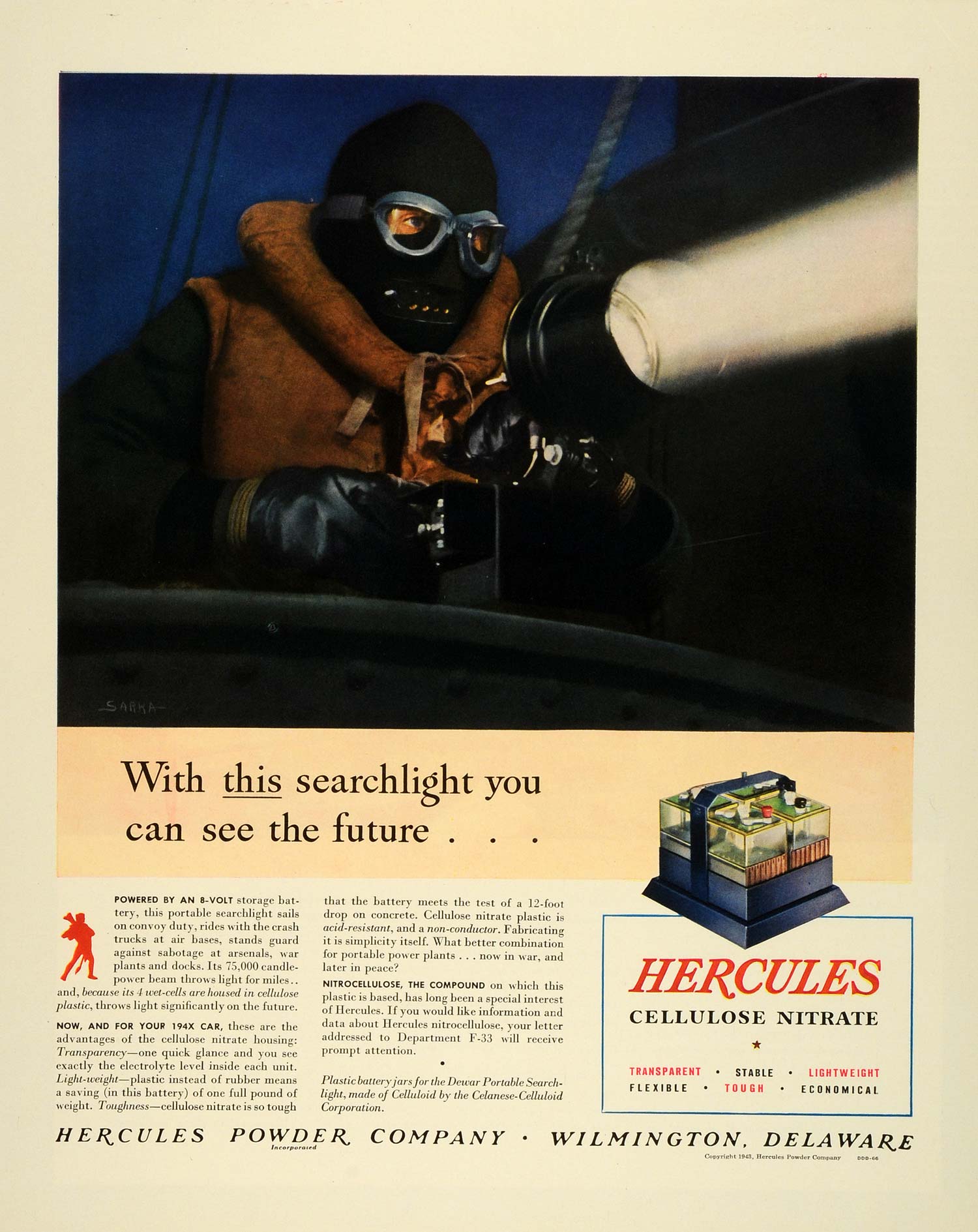 1943 Ad Hercules Powder Cellulose Nitrate WWII War Production Searchlights FZ6