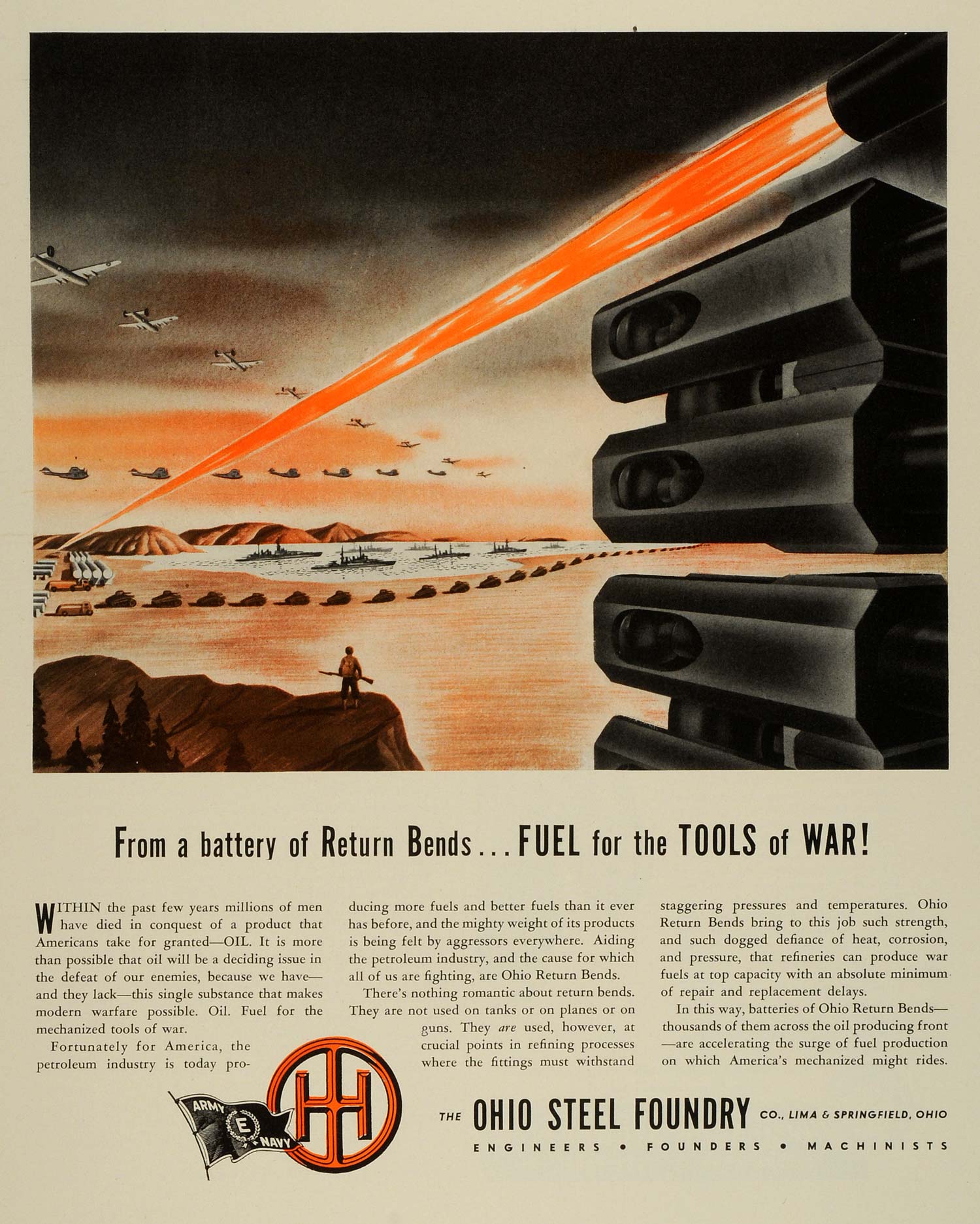 1943 Ad Ohio Steel Return Bends Batteries Oil Fuel Petroleum WWII War FZ6