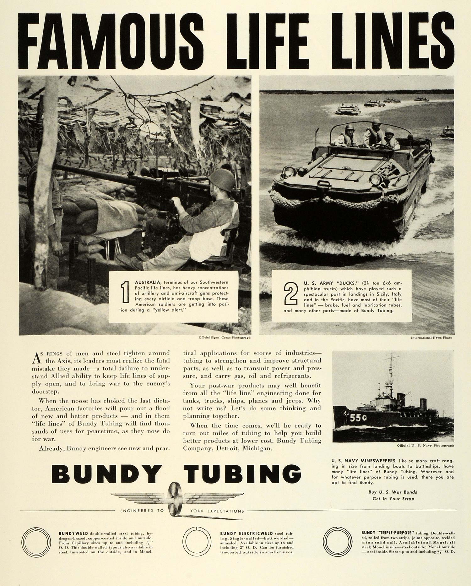 1943 Ad Bundy Tubing Navy Minesweepers Army Ducks Weapons WWII War FZ6