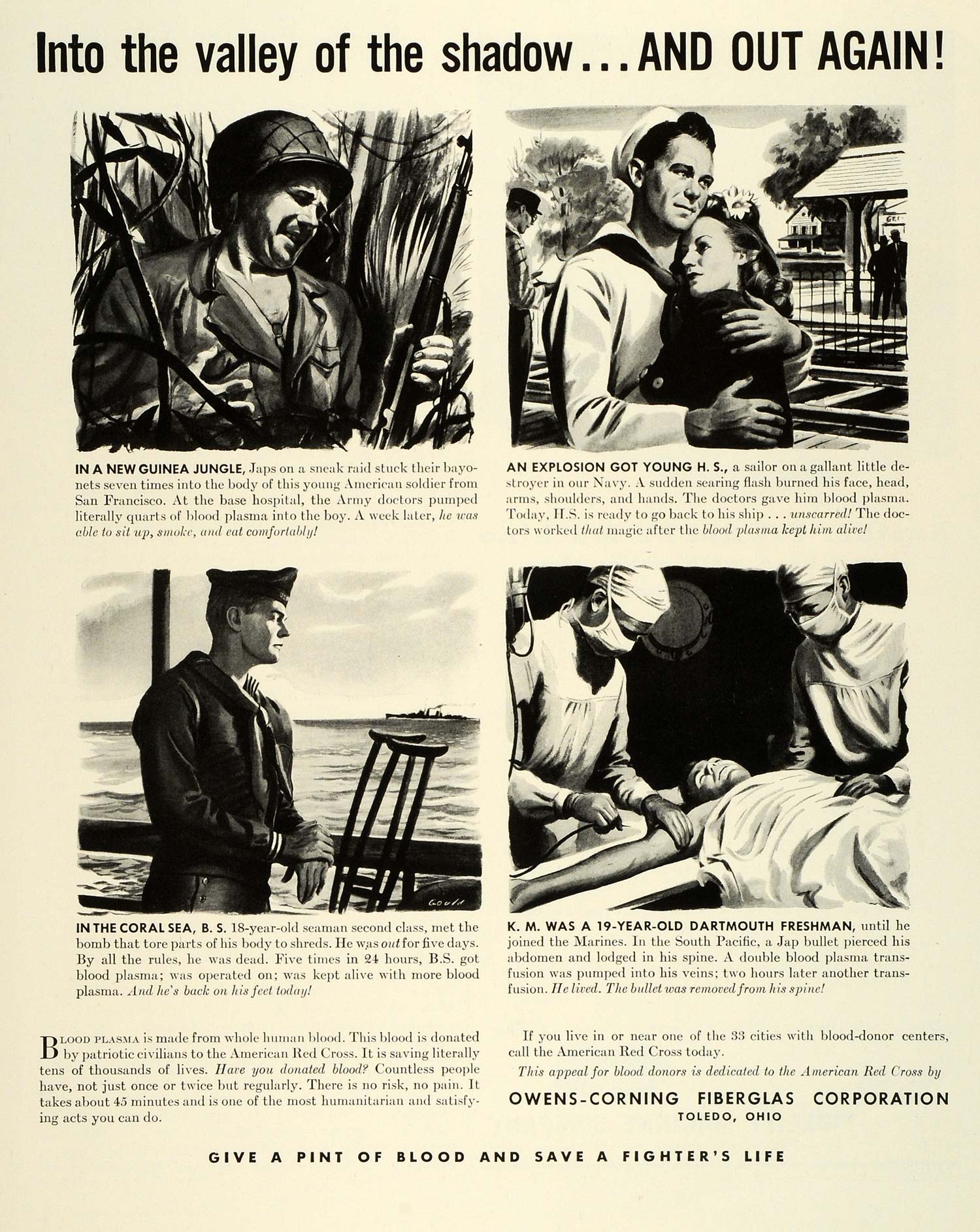 1943 Ad Owens Corning Fiberglas WWII War Production Military Medical FZ6