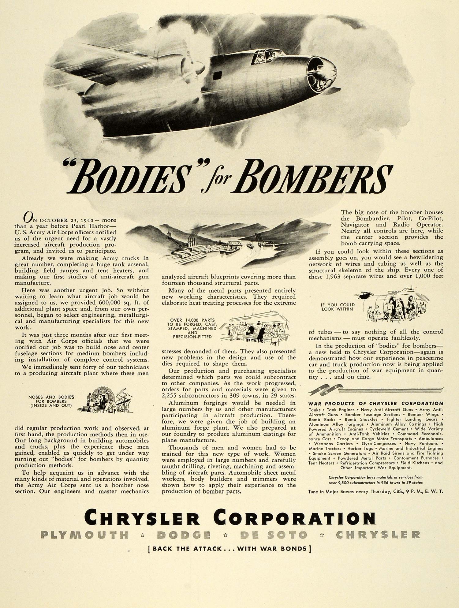 1943 Ad Chrysler Bomber Airplane Bodies WWII War Production Air Force FZ6