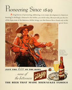 1943 Ad Joseph Schlitz Milwaukee Bottled Beer 1849 Pioneer Rifle Cowboy FZ6