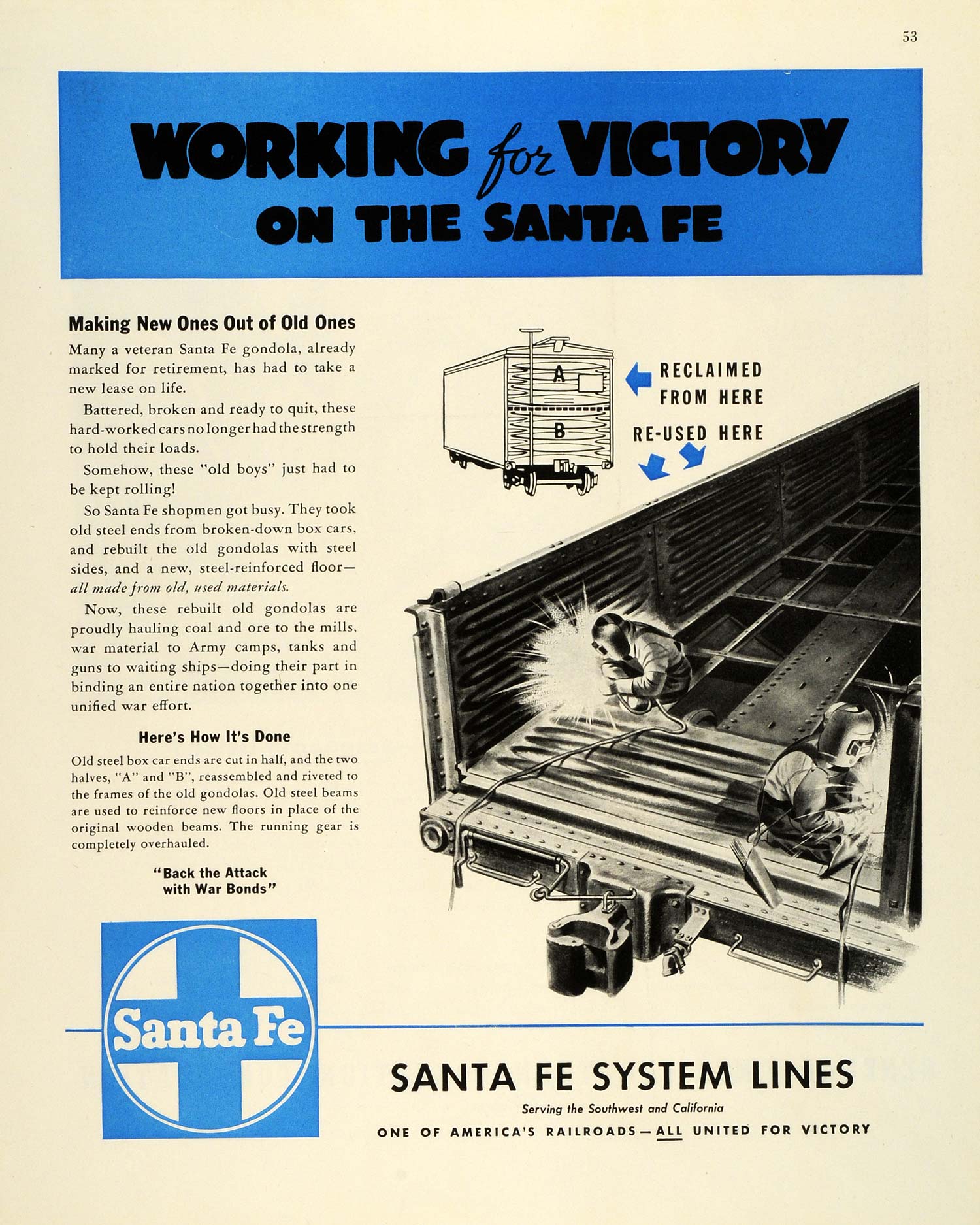 1943 Ad Santa Fe Railway Gondola Boxcar Trains WWII Wartime Production FZ6