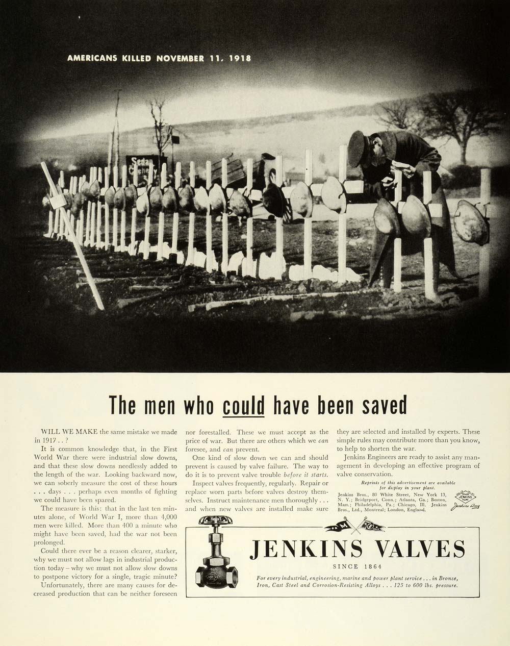 1944 Ad Jenkins Bros. Steel Valves WWI Graves Soldiers Cemetery Cross FZ6