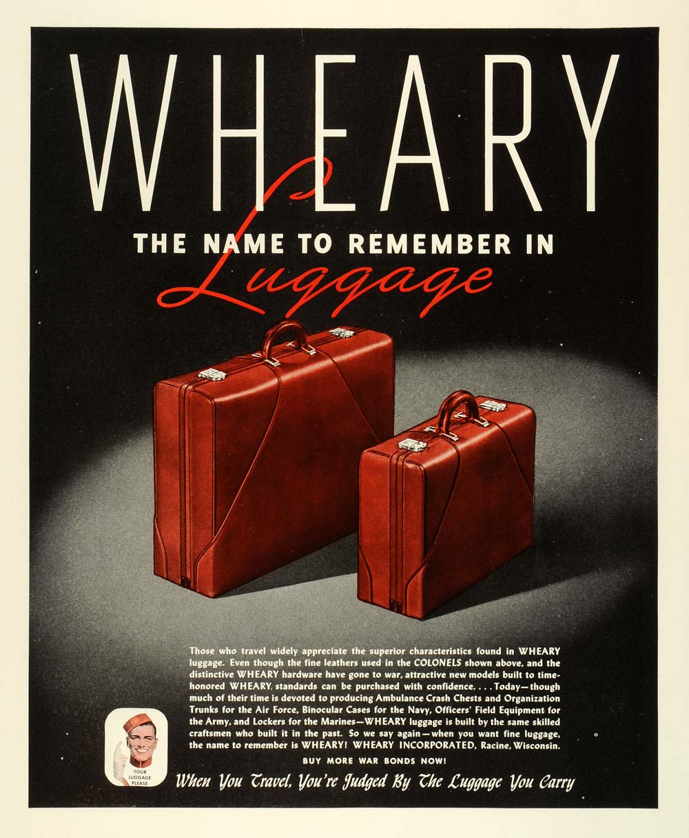 1944 Ad Wheary Inc Luggage Suitcase Colonels Leather War Production Racine FZ6
