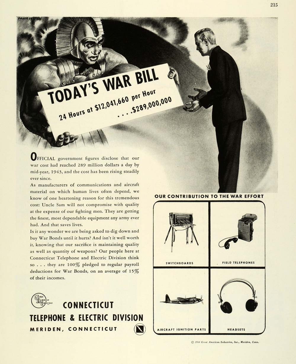 1944 Ad Connecticut Telephone & Electric Division Roman Centurion War Bill FZ6