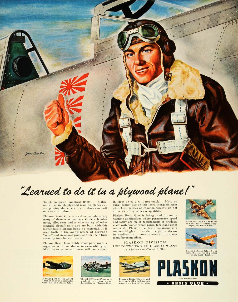 1944 Ad Plaskon Division Libbey Owens Glass Resign Glue Pilot WWII Jack FZ6