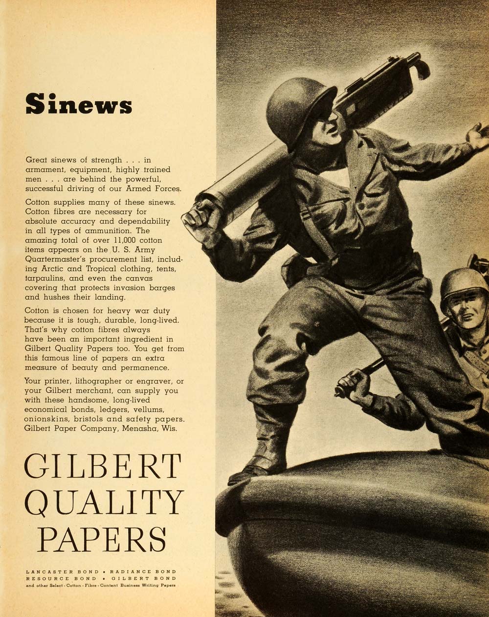 1944 Ad Gilbert Paper Menasha Sinews Fiber Lancaster Bond Servicemen WWII FZ6