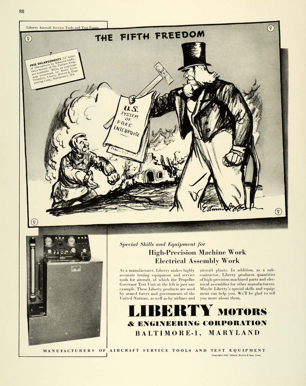 1944 Ad Liberty Motors & Engineering Tools Test Equipment Uncle Sam Cartoons FZ6