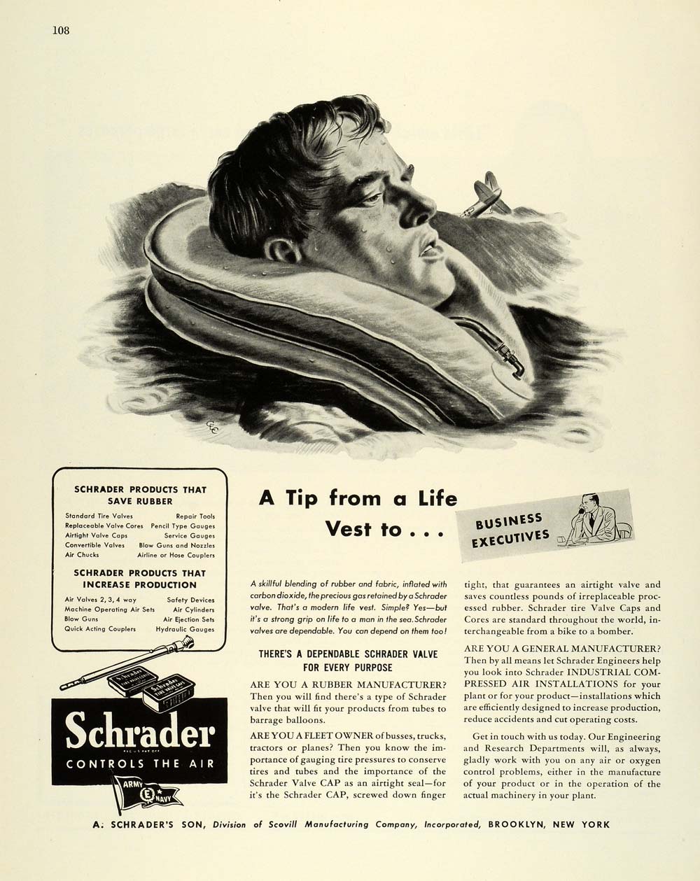 1944 Ad A Schraders Son Scovill Brooklyn Rubber Tire Valve Cap Lifesaver FZ6