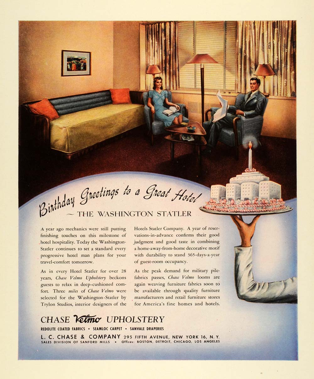 1944 Ad Chase Velmo Upholstery Coated Fabric Draperies Statler Hotels FZ6