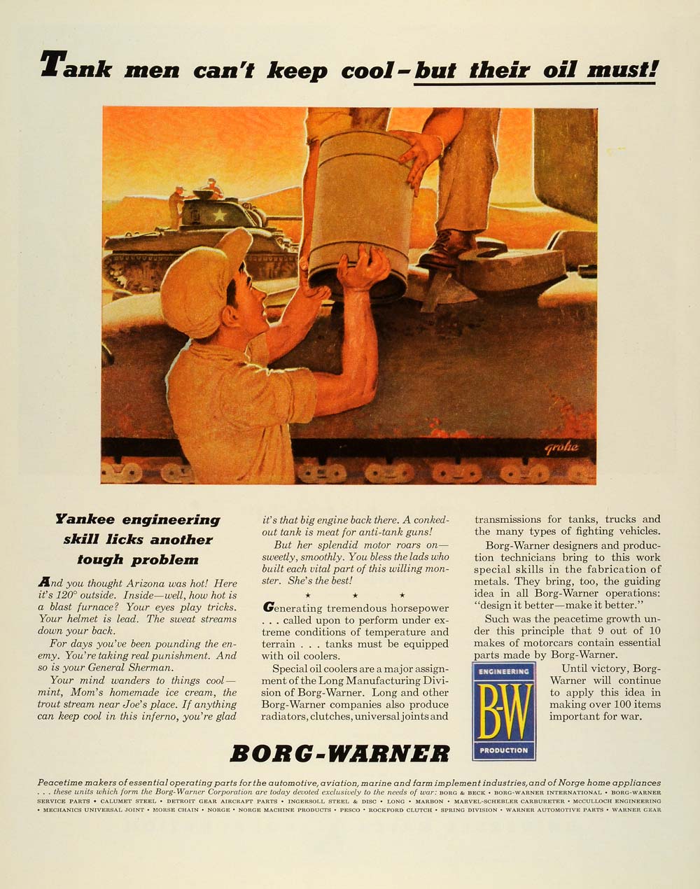 1944 Ad Borg-Warner Co Operating Parts Motorcars Military Tank Artist Glen FZ6