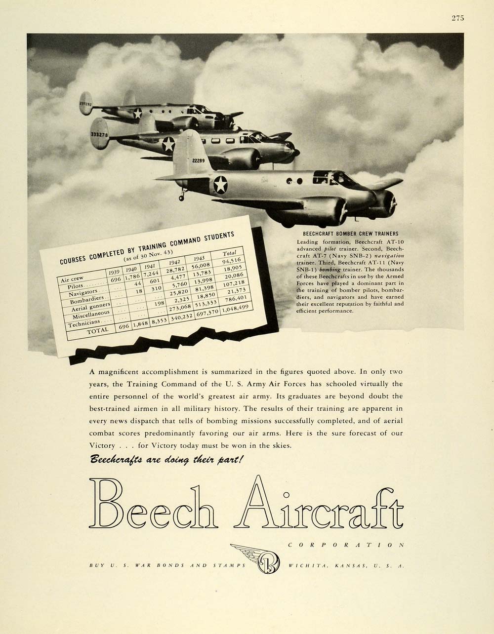 1944 Ad Beech Aircraft Corp Beechcraft Bomber Crew Trainers AT-7 A Squadron FZ6