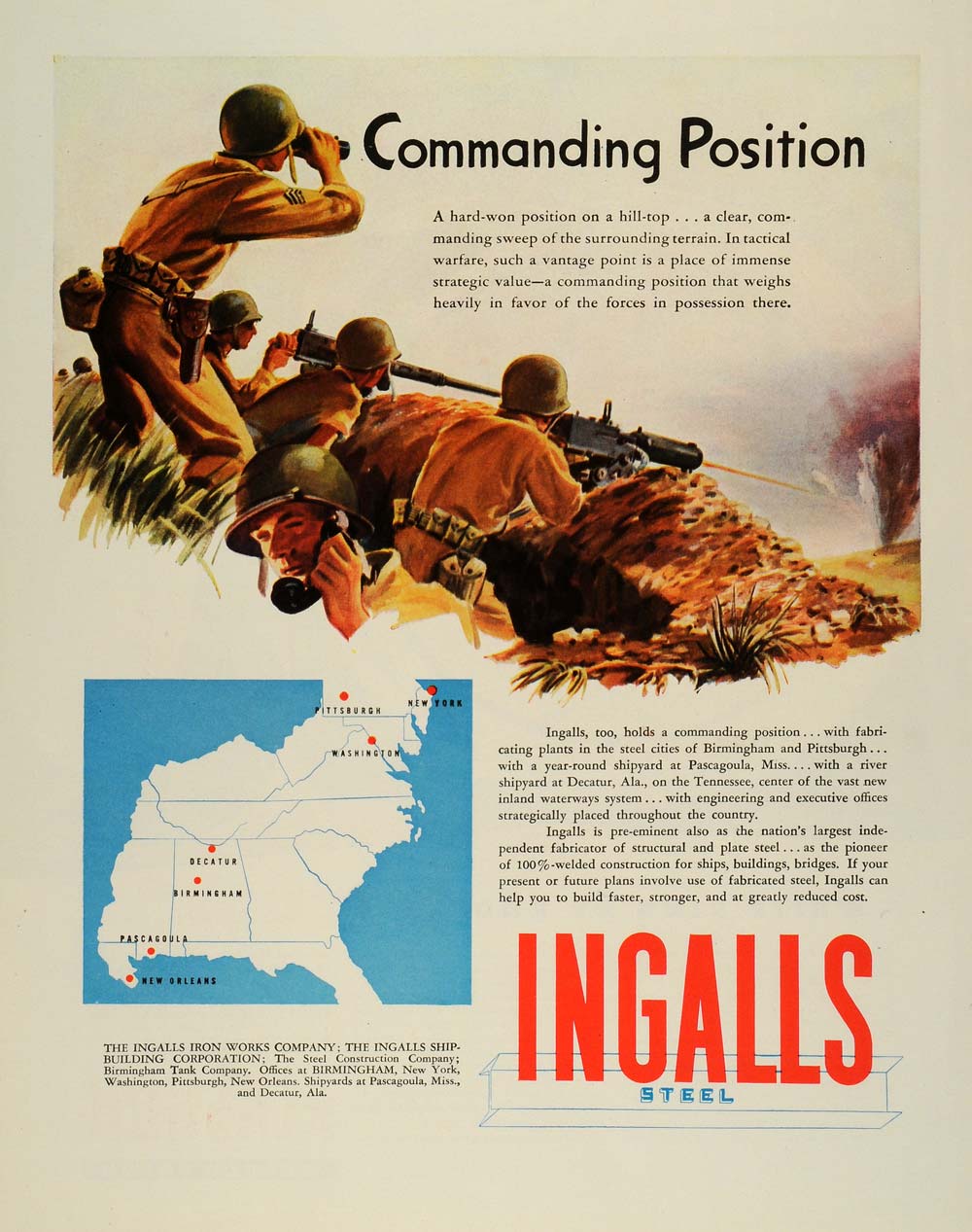 1944 Ad Ingalls Iron Works Steel Commanding Position Battlefield Servicemen FZ6