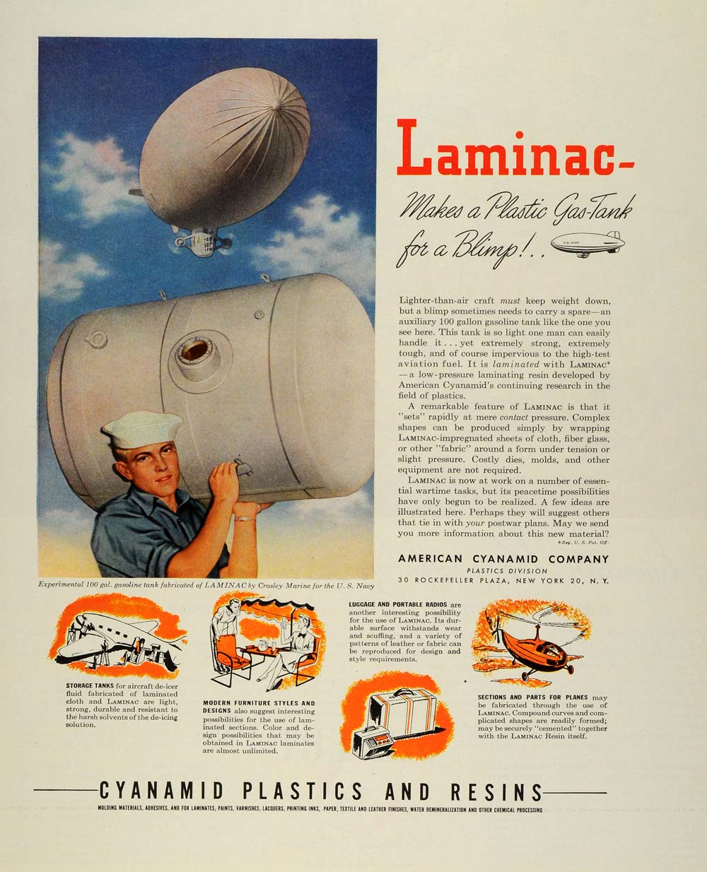 1944 Ad Cyanamid Plastics & Resins Laminac Plastic Gasoline Tank Airship US FZ6