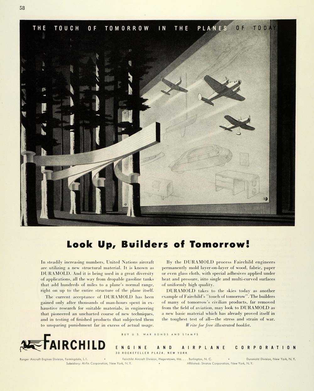 1944 Ad Fairchild Engine & Airplane Corp Aircraft Duramold Wood Layer