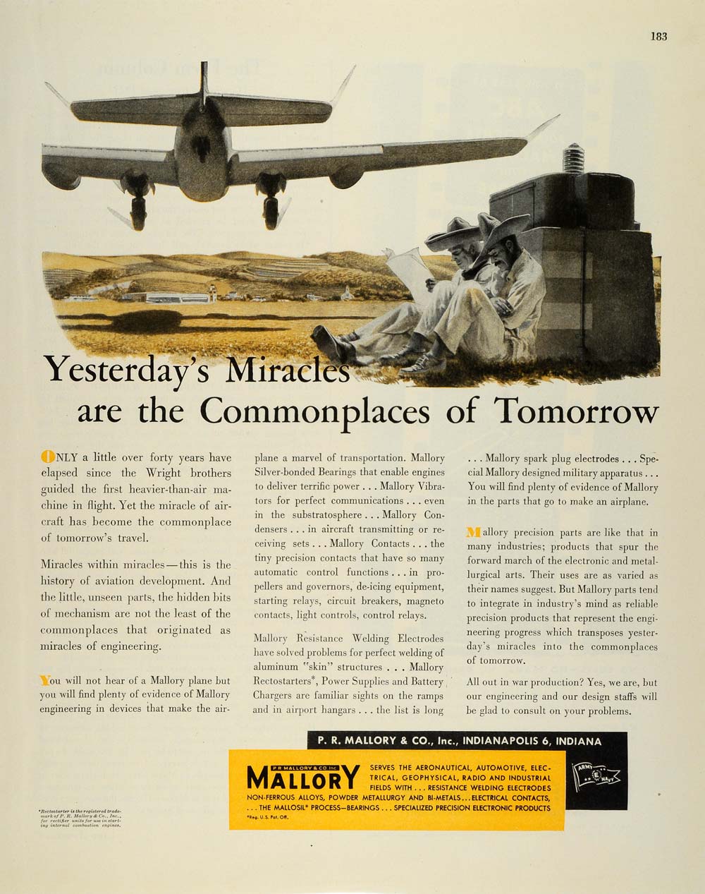 1944 Ad P R Mallory Co Indianapolis Aviation Silver-bonded Bearings FZ6