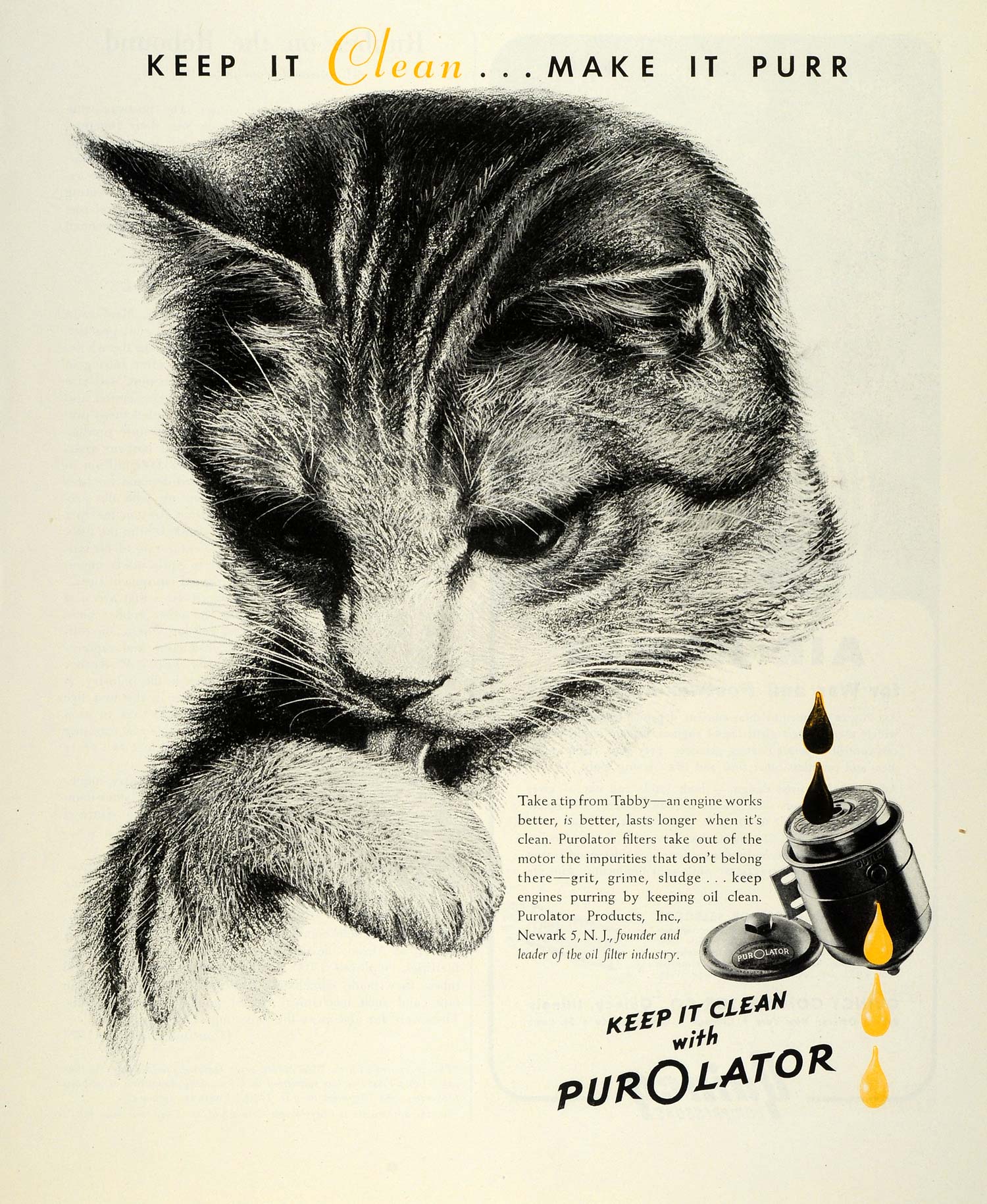 1944 Ad Oil Filter Purolator Remove Motor Impurities Tabby Kitten Licking FZ6
