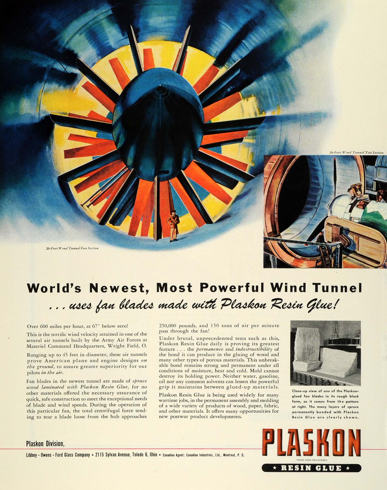1944 Ad Plaskon Resin WWII War Production Wright Field Air Force Wind Tunnel FZ6