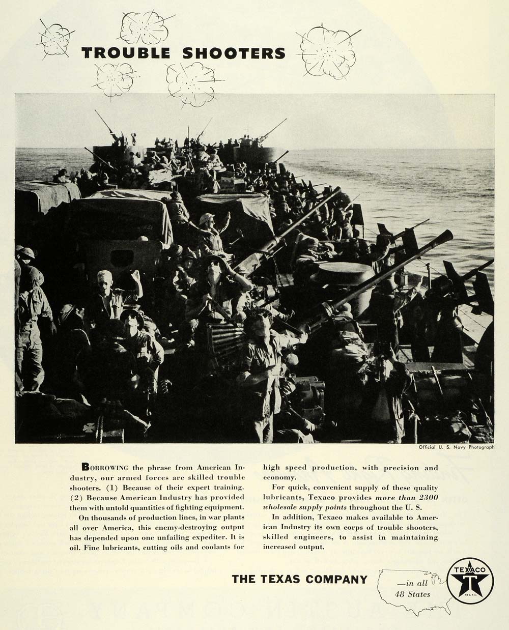 1944 Ad Texas Texaco Logo US Navy Cannons Warship Servicemen WWII Oil FZ6