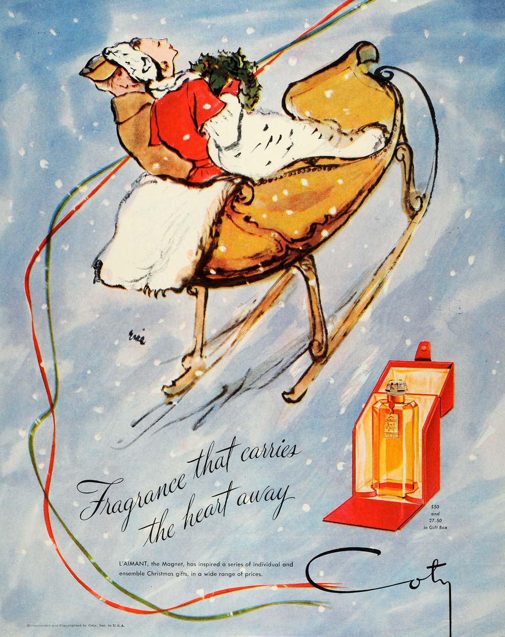 1944 Ad Coty L'AIMANT Fragrance Perfume Christmas Gift Carriage Snow Soldier FZ6