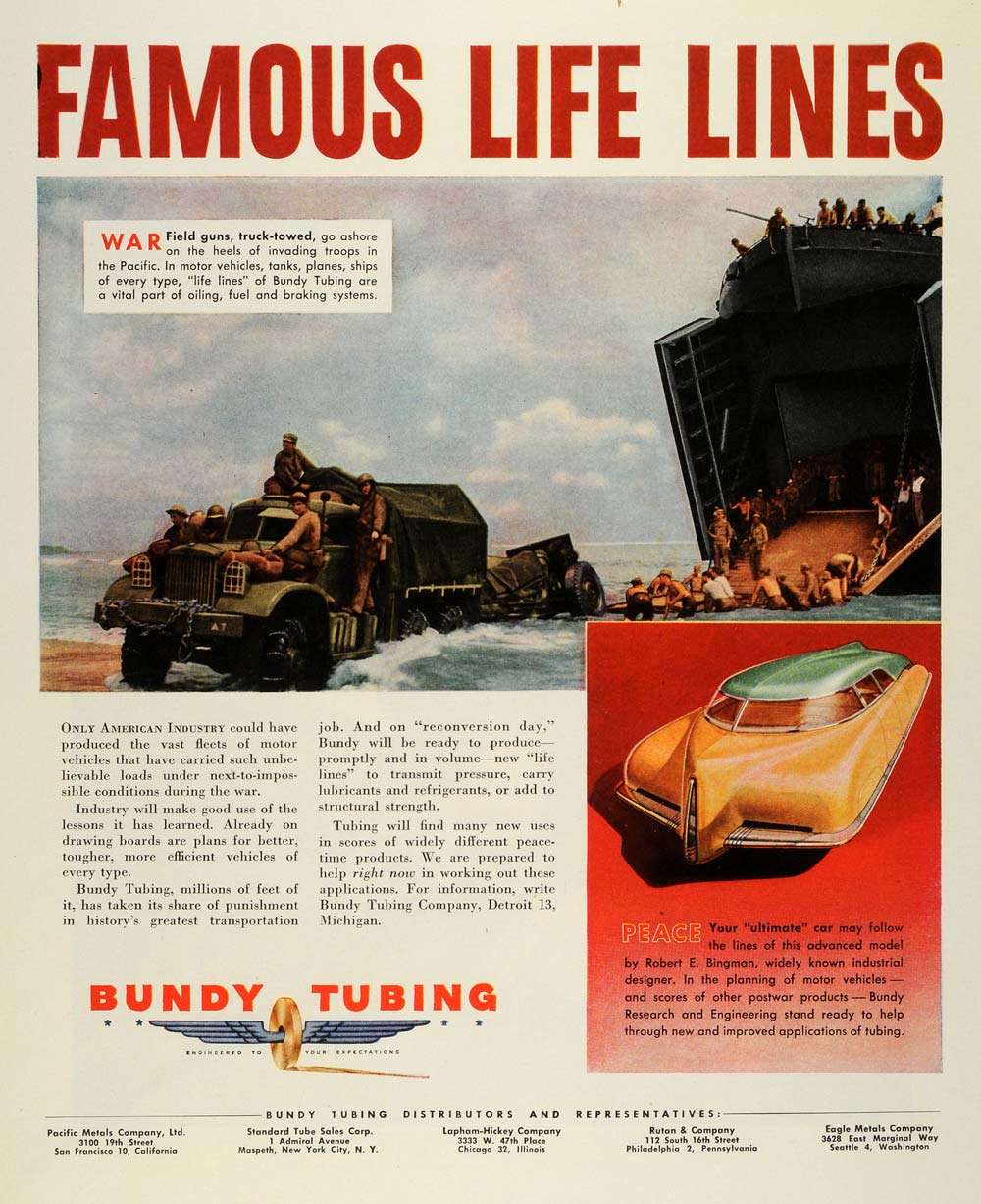 1944 Ad Bundy Tubing co Detroit Truck Ship Cargo Future Car Troops Soldiers FZ6