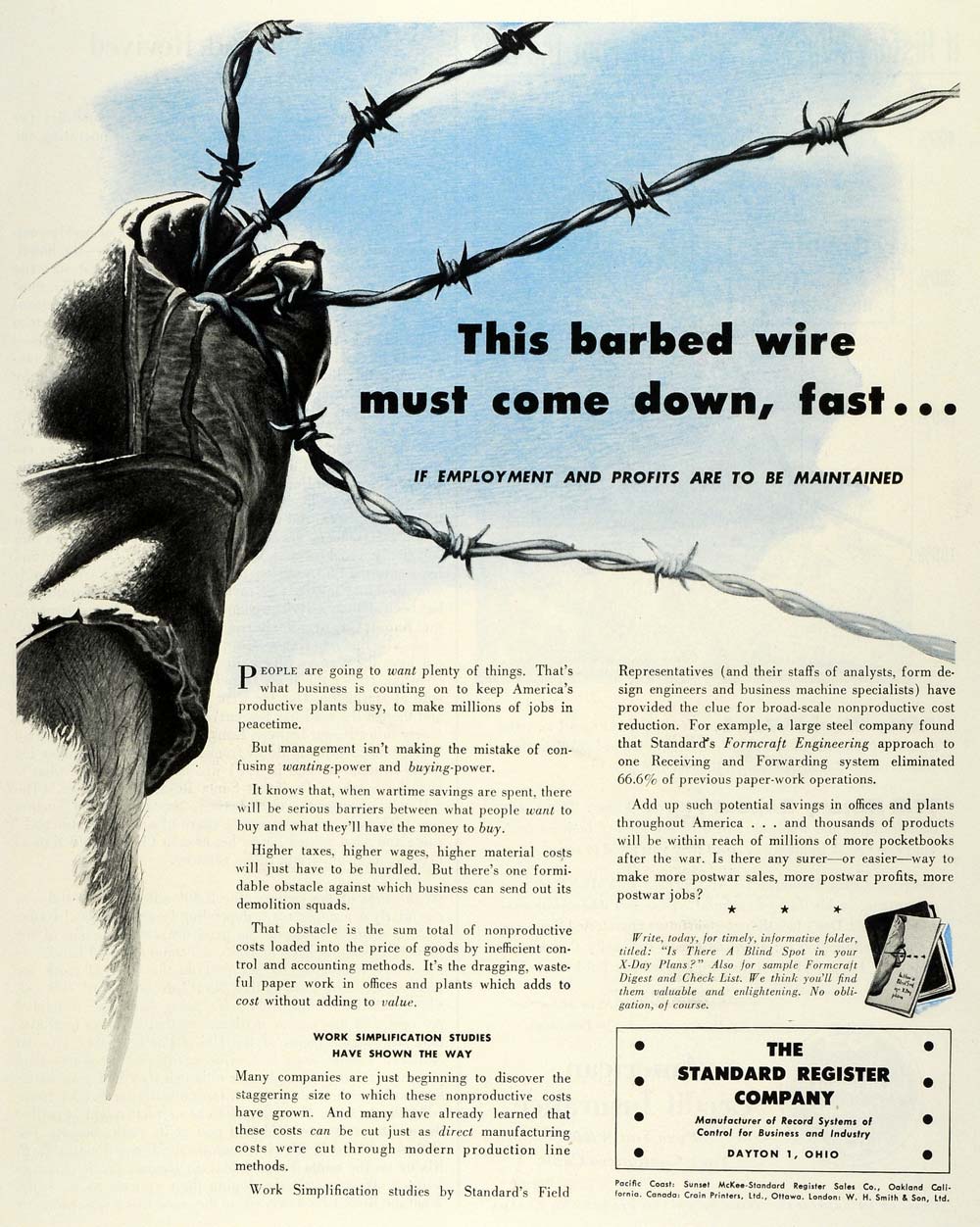 1944 Ad Standard Register Co Dayton OH Barbed Wire Control Record Systems FZ6