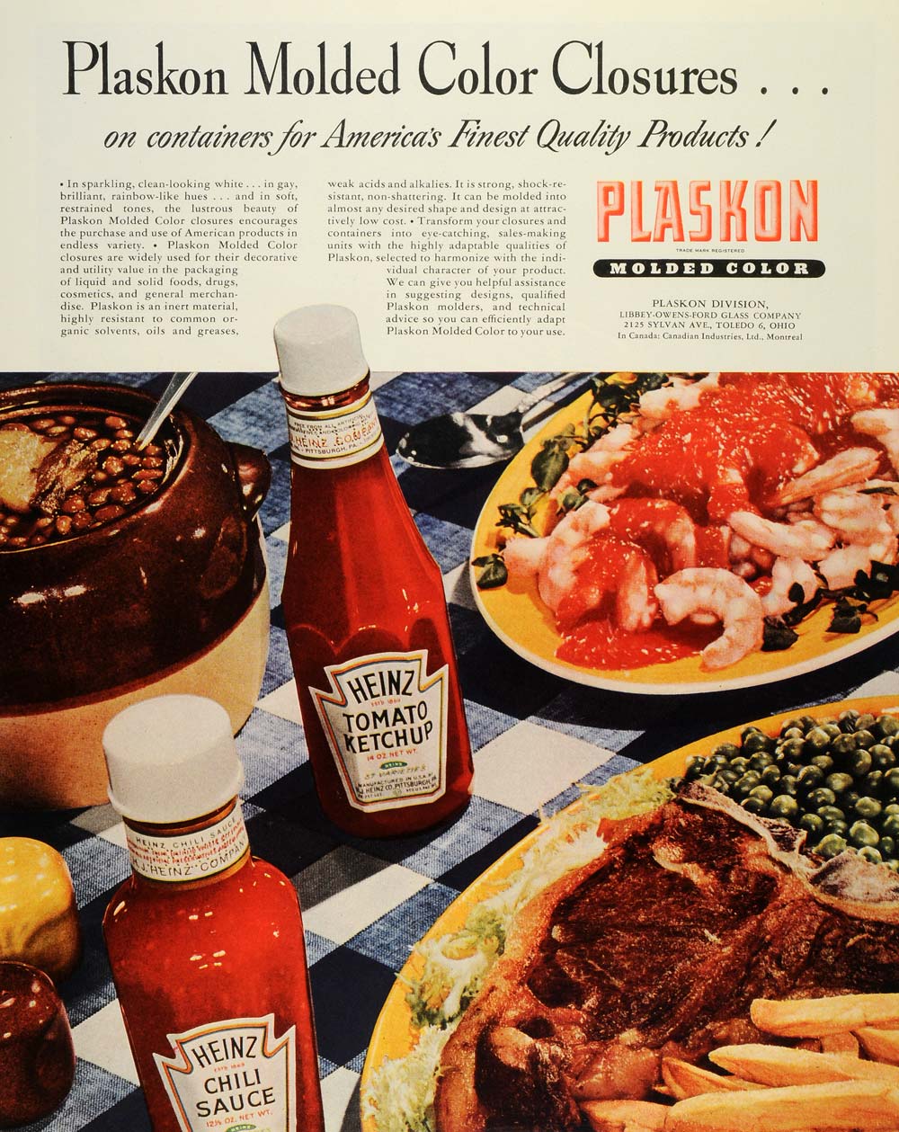 1944 Ad Plaskon Libbey-Owens-Ford Glass Meals Pork Shrimp Heinz Tomato FZ6