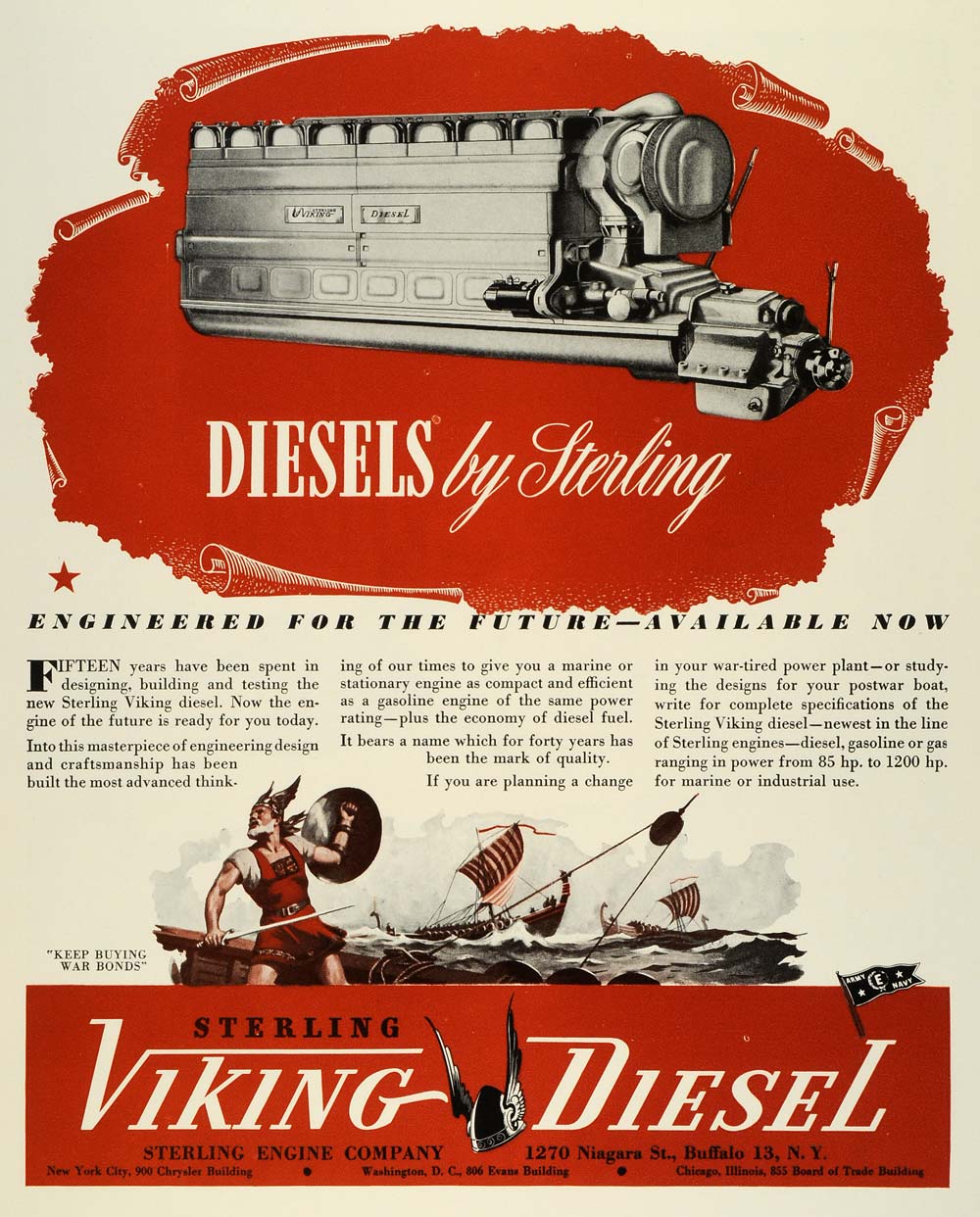 1944 Ad Sterling Engine Viking Diesel Motor Sterling Wartime Army E Navy FZ6