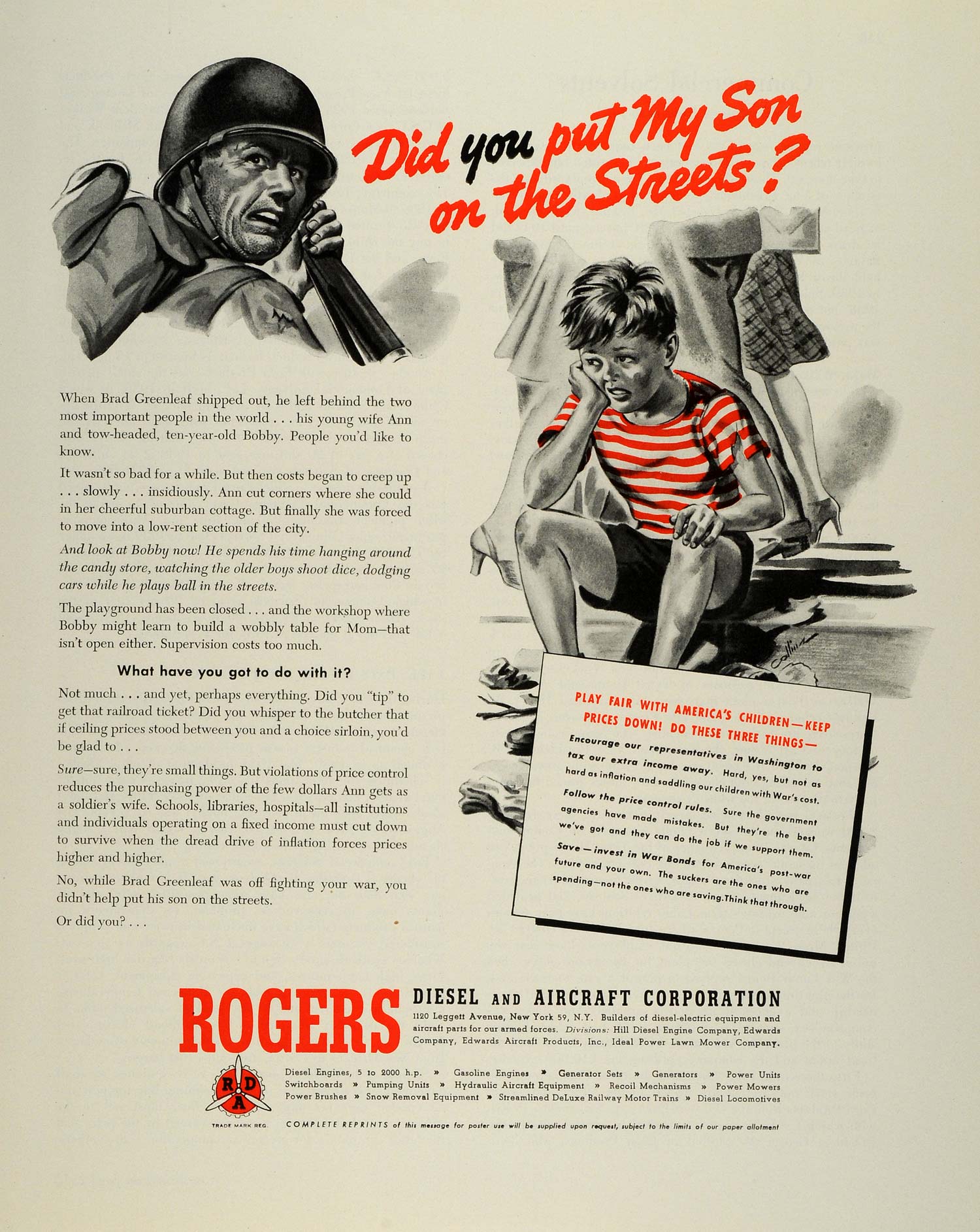 1944 Ad WWII Rogers Diesel Military Aircraft Brad Greenleaf Bobby Wartime FZ6