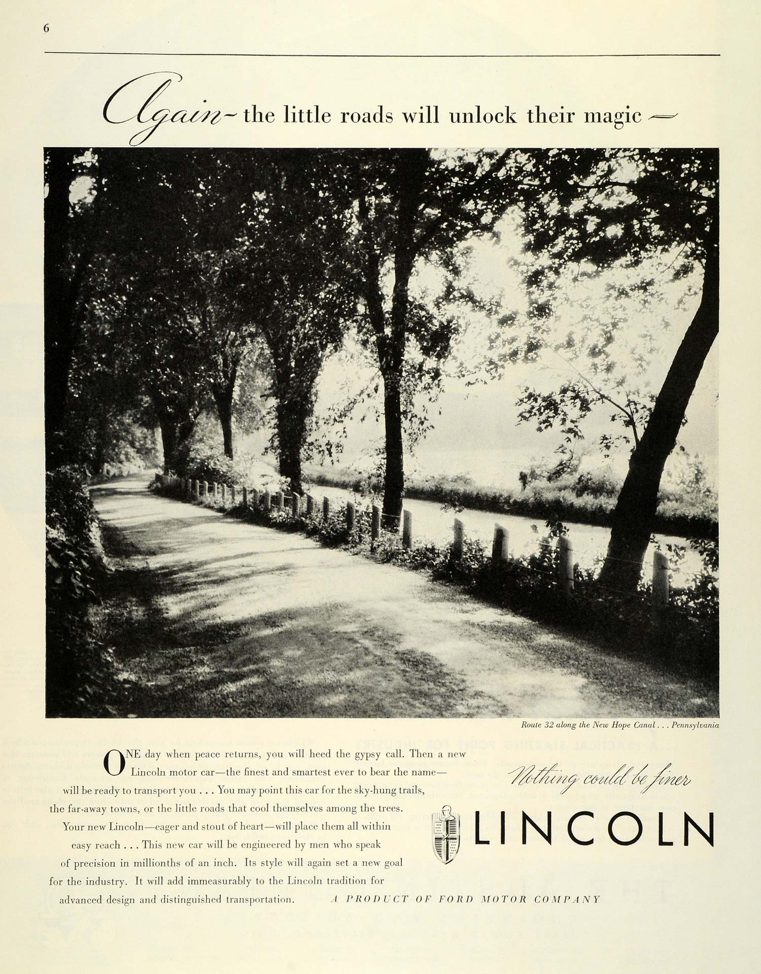 1944 Ad Lincoln Route 32 New Hope Canal Pennsylvania Automobile FZ6