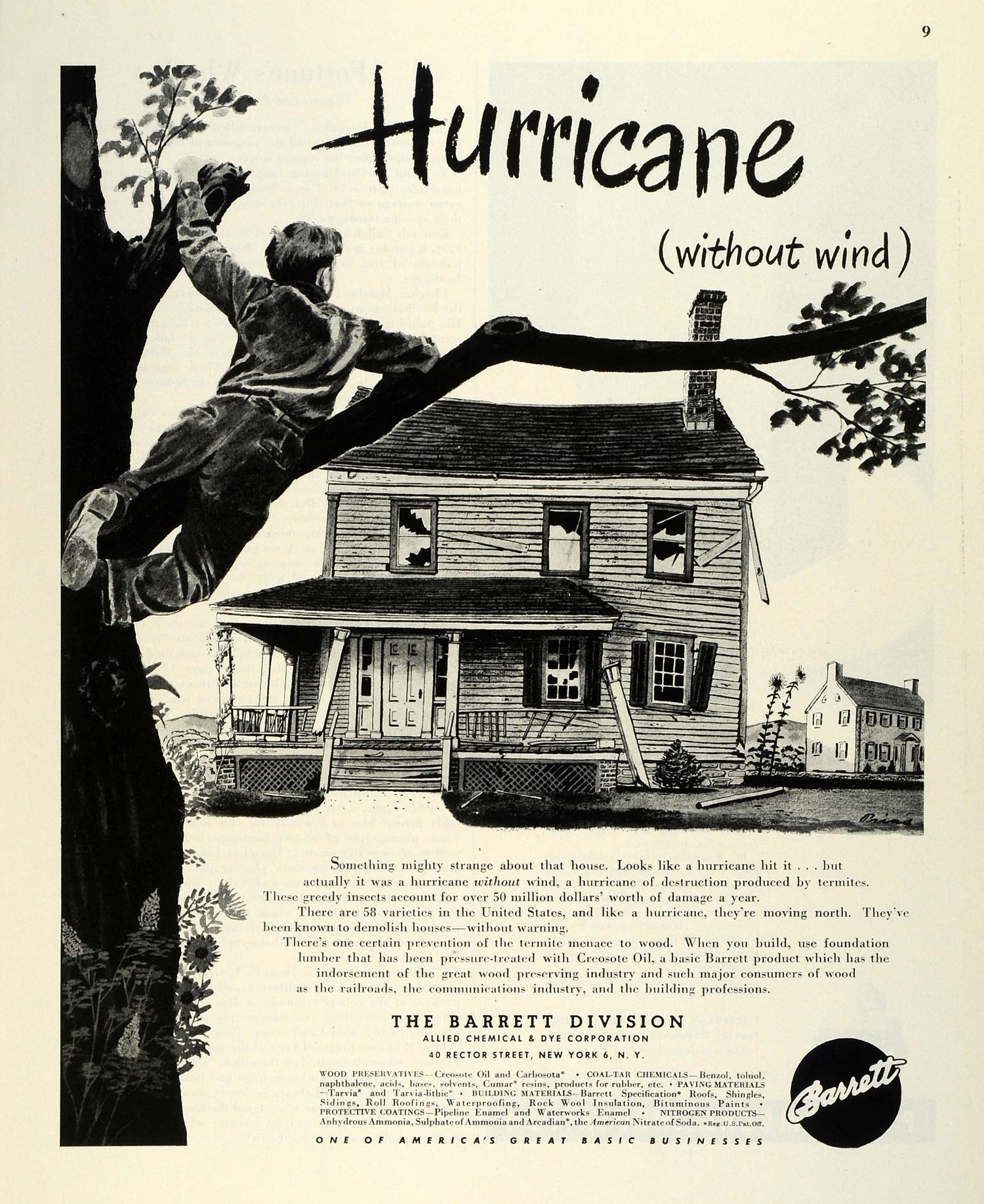 1945 Ad Barrett Creosote Oil Lumber Home Termite Pests Hurricane Destruction FZ6