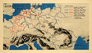 1943 Print Map Germany Waterway Canal Danube Rhine Deutschland System Seine FZ7