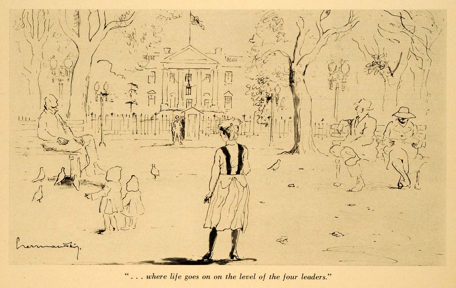 1943 Print Zdzislaw Czermanski Pigeon Children American Flag Leaders Sketch FZ7