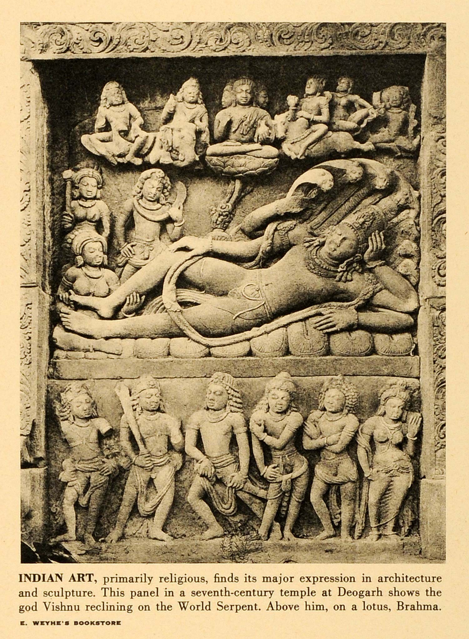 1942 Print Indian Art Religious Vishnu World Serpent Deogarh Brahma Apsara FZ7