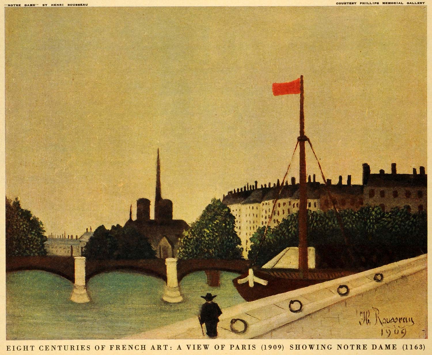 1945 Print Rousseau Notre Dame Paris France Bridge Seine River France Flag FZ7