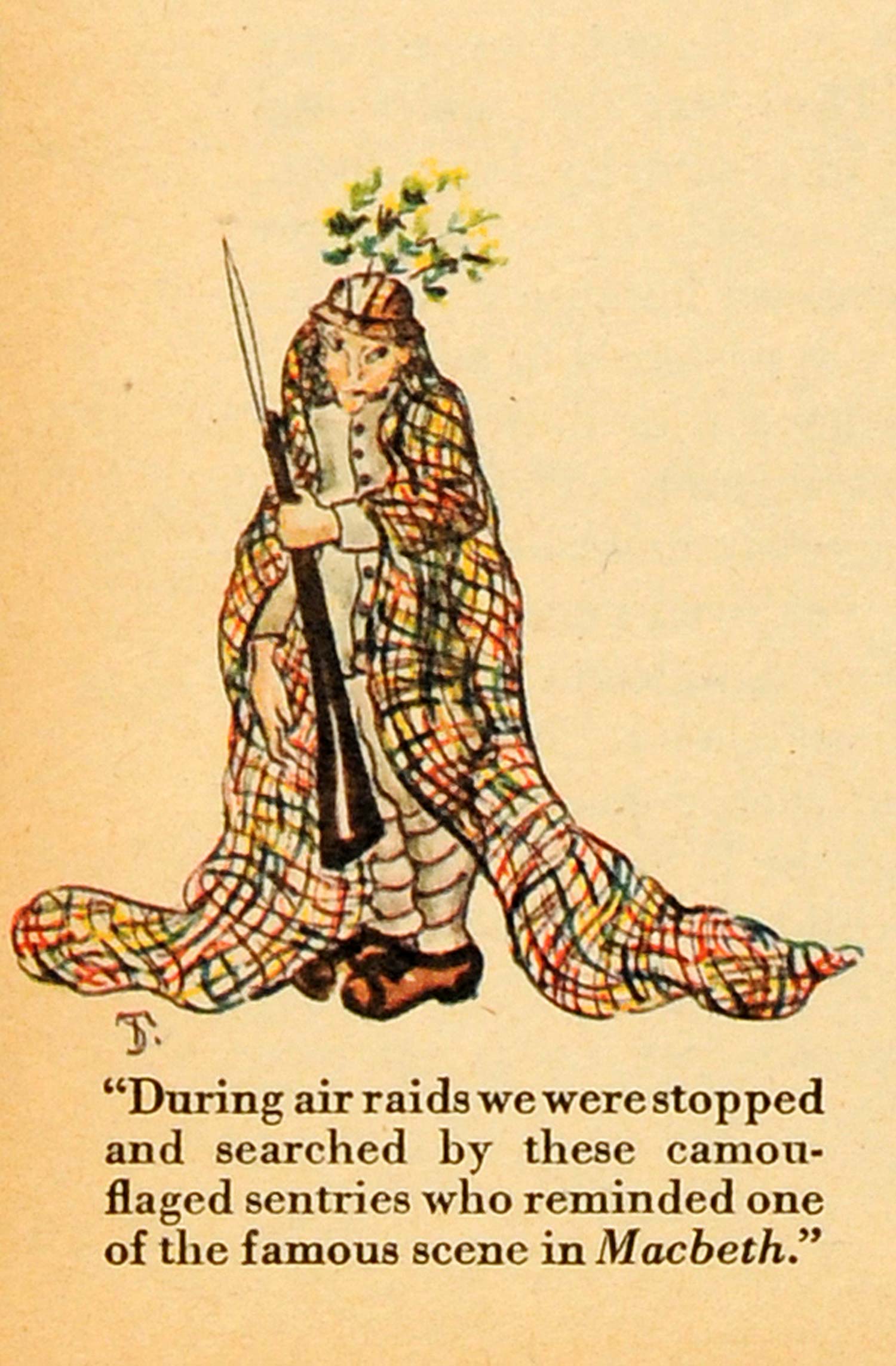 1945 Print Air Raid Macbeth Camouflage Sentry Japanese Occupation Manila War FZ7