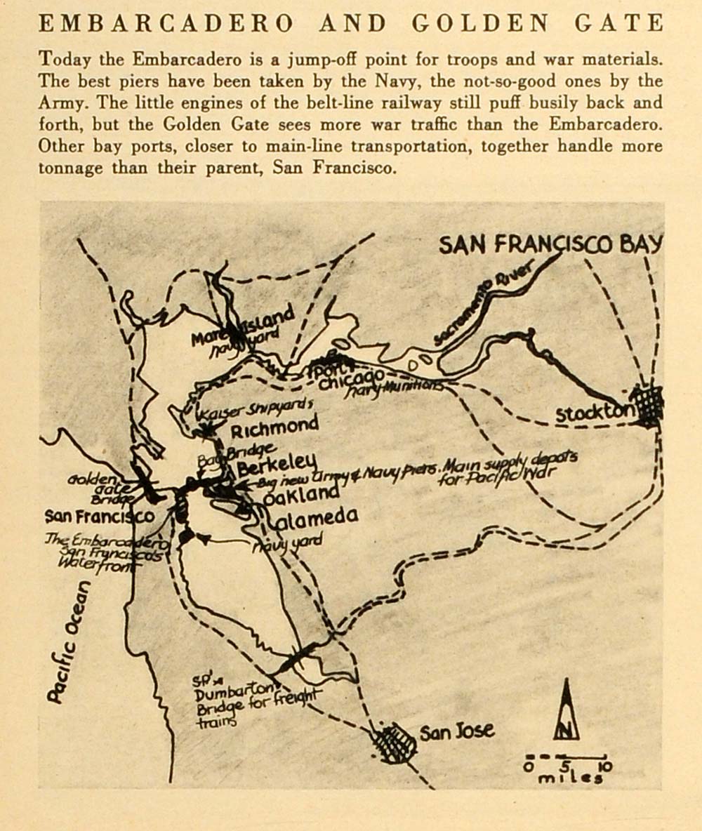 1945 Print Embarcadero Golden Gate San Francisco California Map Jose FZ7