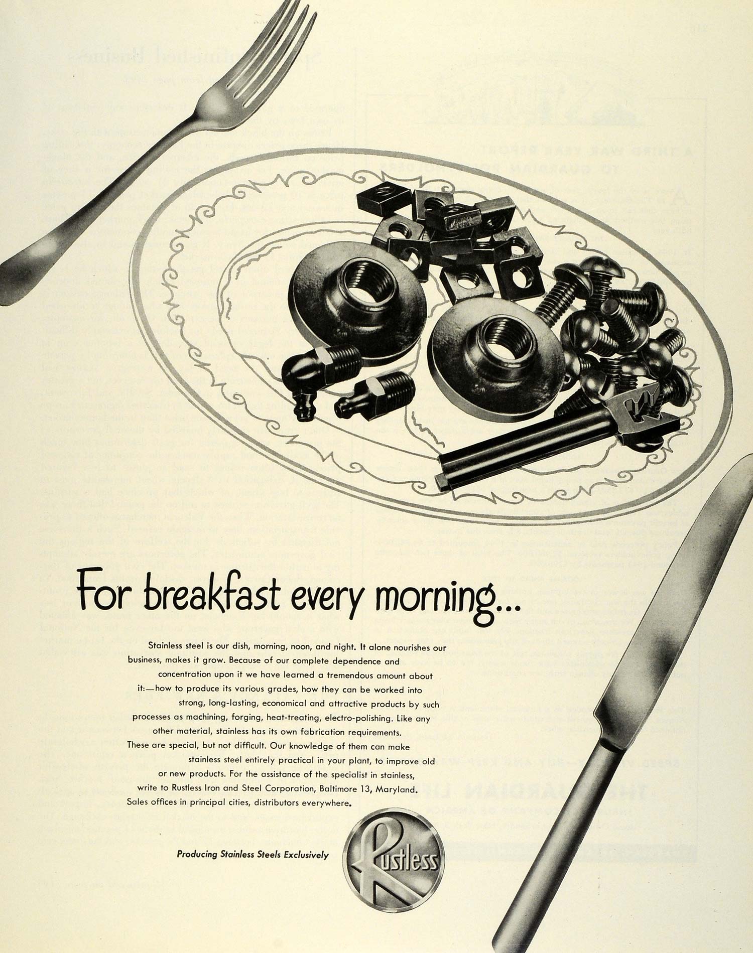 1945 Ad Rustless Iron Steel Nuts Bolts Breakfast Metal Metallurgical FZ8