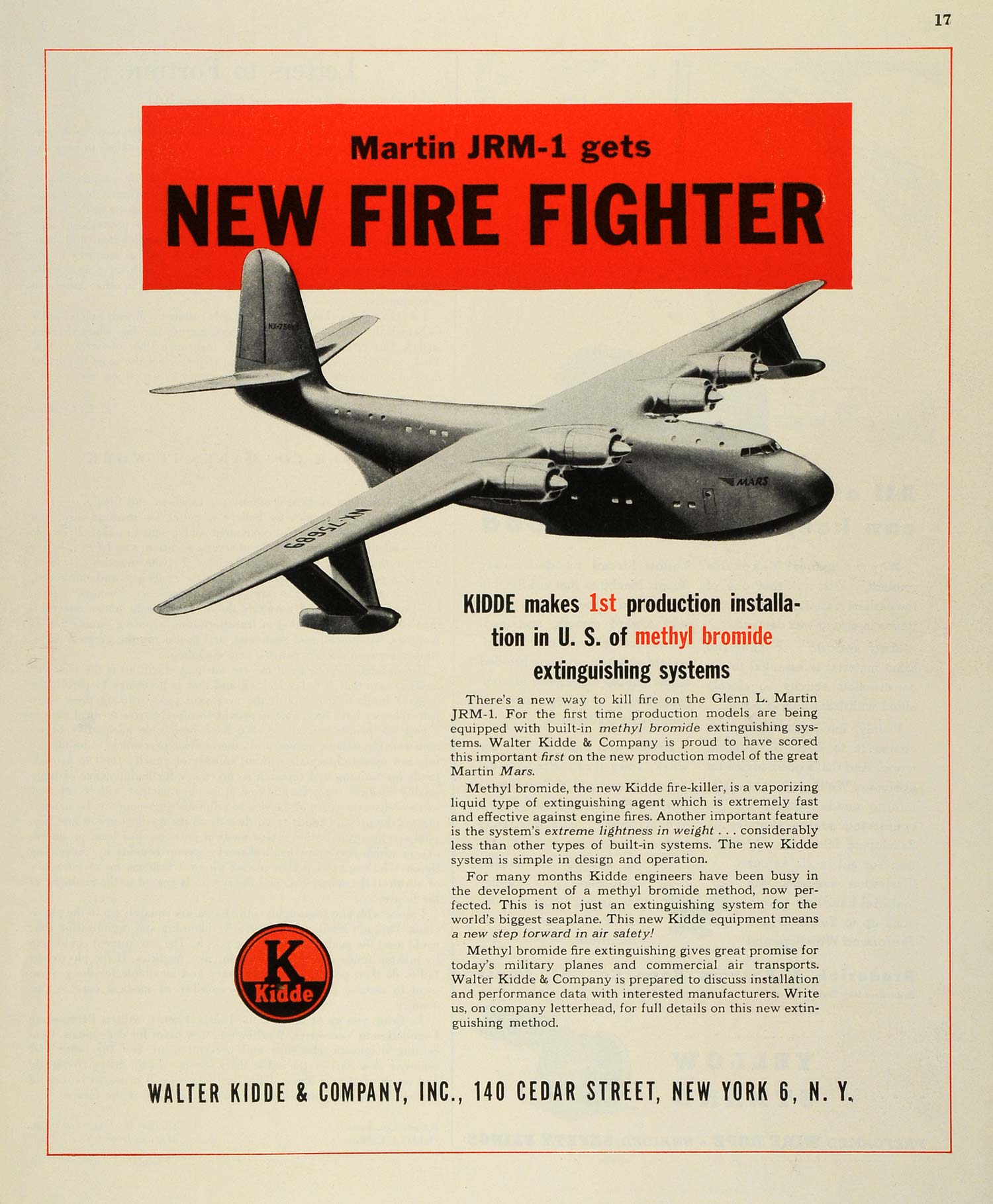 1945 Ad Walter Kidde Methyl Bromide Firefighting Glenn Martin JRM1 Aircraft FZ8