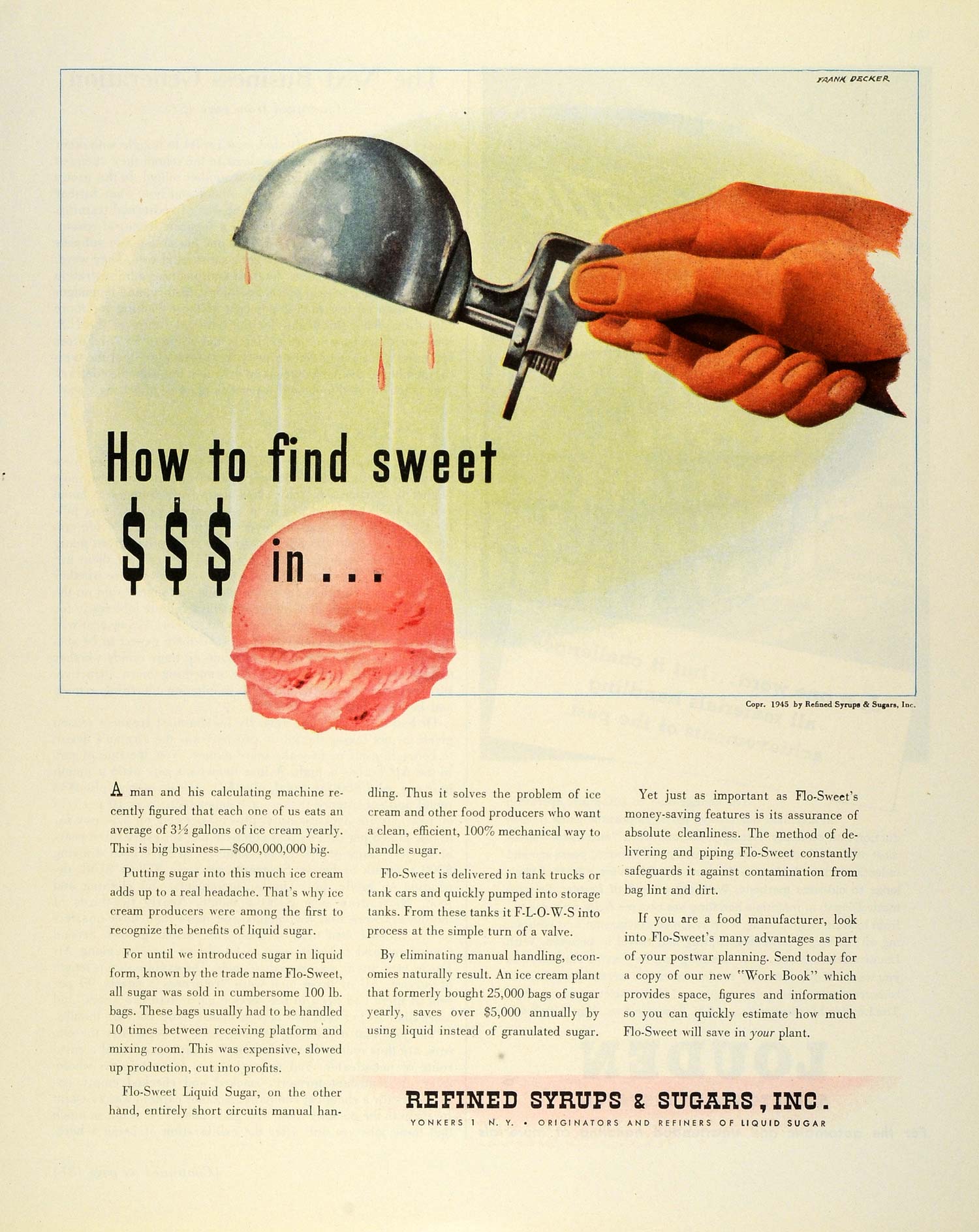1945 Ad Refined Syrups Liquid Sugars Flo Sweet Ice Cream Frank Decker Art FZ8