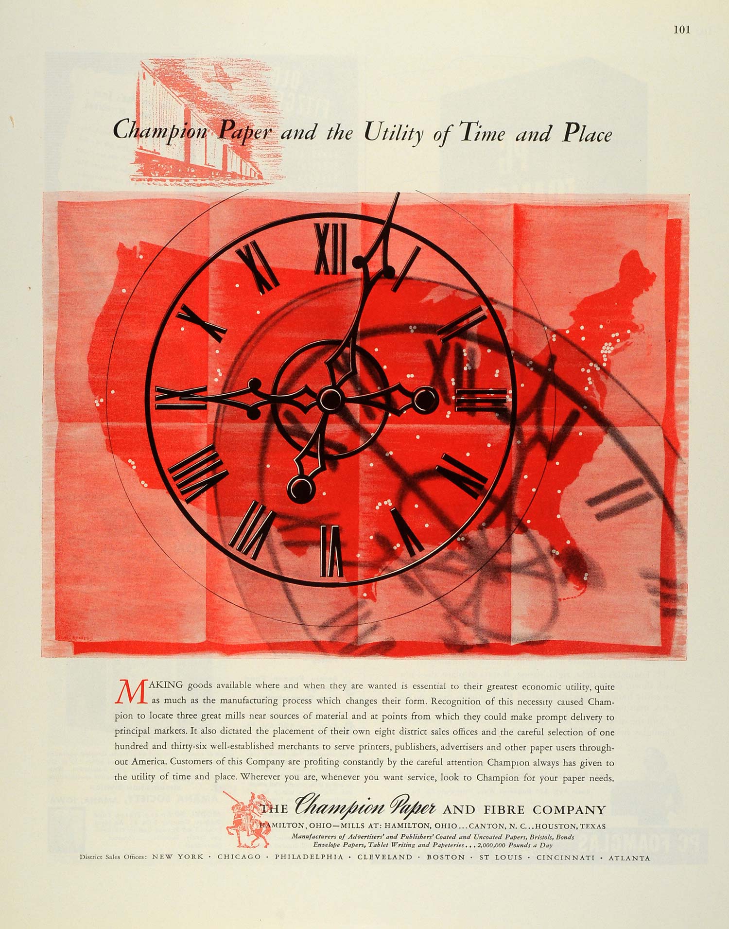 1945 Ad Champion Paper & Fibre Co Clock Time Publishers Coated Papers Bonds FZ8