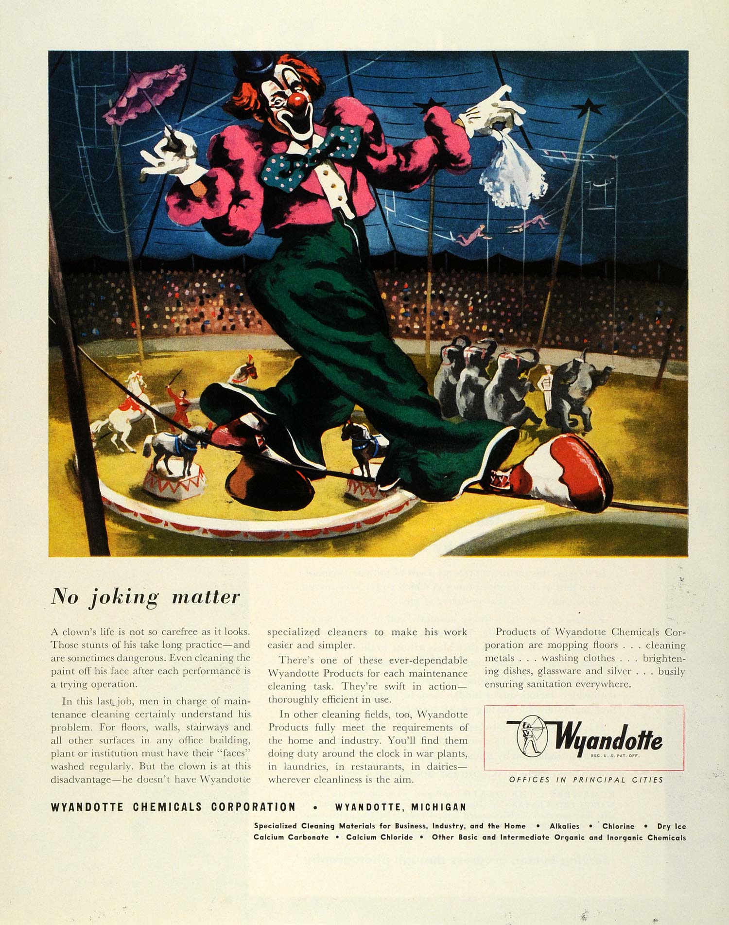 1945 Ad Wyandotte Chemicals Michigan Cleaning Materials Circus Clown FZ8