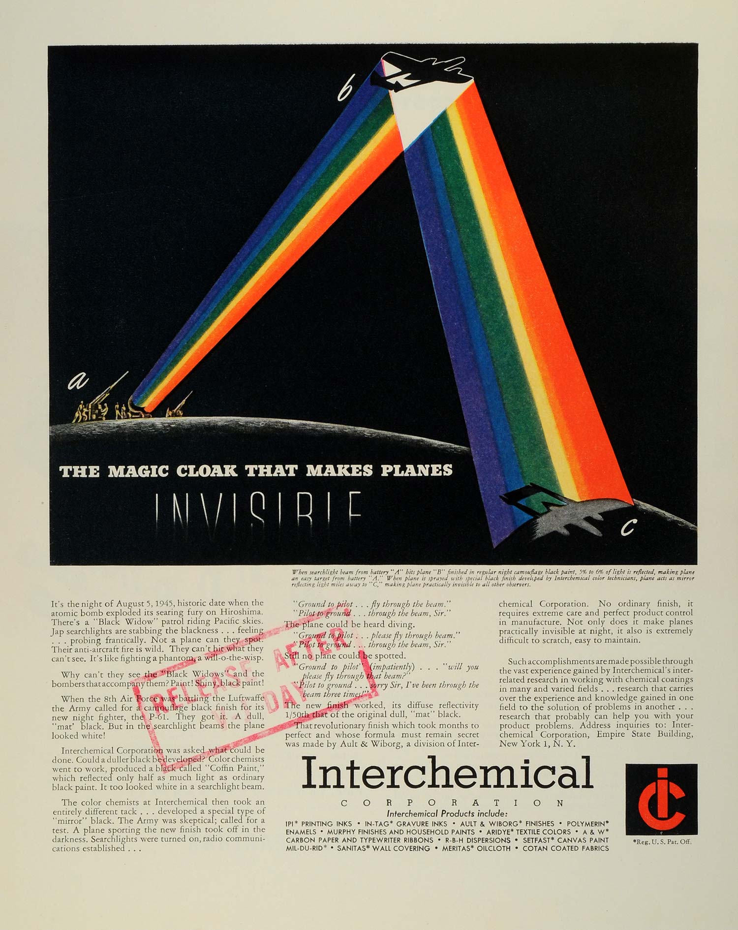 1945 Ad Interchemical Corp Searchlight Beam Chemical Material Printing Inks FZ8